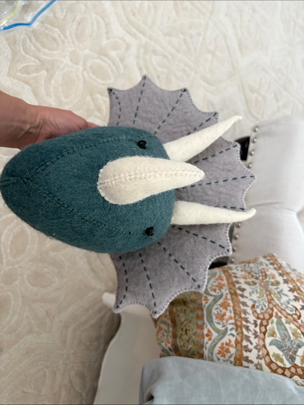 Handmade Felt Triceratops Plush - Teal & Light Gray by Fiona Walker England